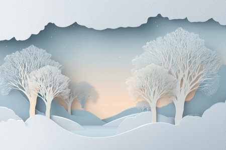 Serene paper cut winter landscape featuring frost-covered trees and snowy hills at sunrise.の素材