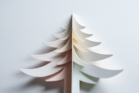 Elegant layered paper Christmas tree with subtle 3D effect on textured white background for festive design.の素材