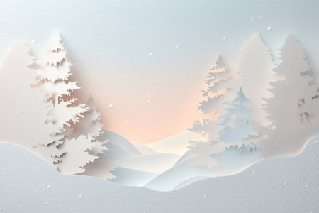 Delicate paper-cut winter wonderland landscape featuring snow-covered trees and a peaceful glowing sky.の素材