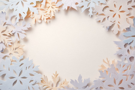 Delicate Winter Border with White, Blue, and Peach Paper Snowflake Cutouts on Cream Textured Paperの素材