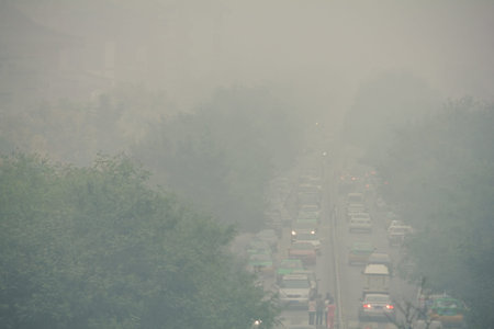 Traffic jam and smog in xian Central Business District