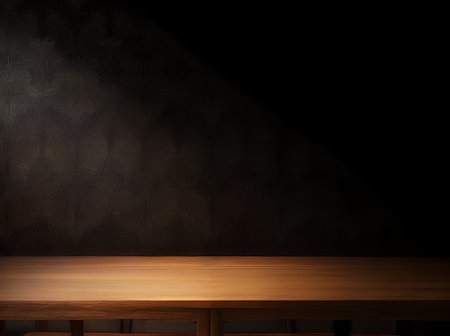 Wooden table with dark blurred background. High quality photoの写真素材