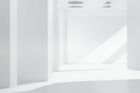 Abstract white studio background for product presentation. Empty room with shadows of window. Display product with blurred backdrop.の写真素材