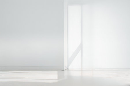 Abstract white studio background for product presentation. Empty room with shadows of window. Display product with blurred backdrop.の写真素材