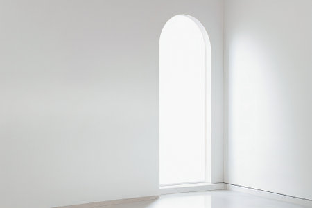 Abstract white studio background for product presentation. Empty room with shadows of window. Display product with blurred backdrop.の写真素材