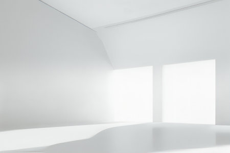 Abstract white studio background for product presentation. Empty room with shadows of window. Display product with blurred backdrop.の写真素材