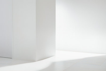 Abstract white studio background for product presentation. Empty room with shadows of window. Display product with blurred backdrop.の写真素材