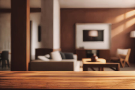 Table top with Blurred sofa Home interior decoration. High quality photoの写真素材