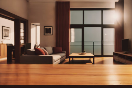 Table top with Blurred sofa Home interior decoration. High quality photoの写真素材