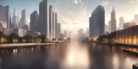 Futuristic urban skyline,Fictional City Skyline,.の写真素材