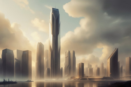 Futuristic urban skyline,Fictional City Skyline,.の写真素材