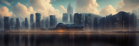 Futuristic urban skyline,Fictional City Skyline,.の写真素材