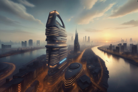 Futuristic urban skyline,Fictional City Skyline,.の写真素材