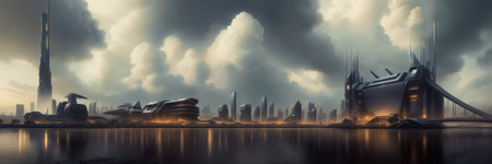 Futuristic urban skyline,Fictional City Skyline,.の写真素材