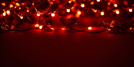 Red Christmas baubles decoration on red background. New Year party background. Minimal style. Flat lay. High quality photoの写真素材