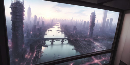 Futuristic urban skyline,Fictional City Skyline,.
