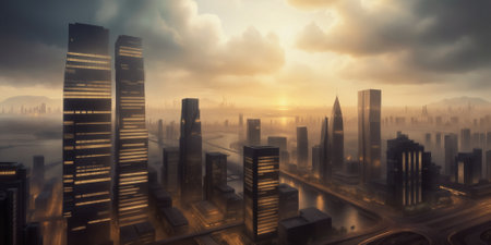 Futuristic urban skyline,Fictional City Skyline,.の写真素材