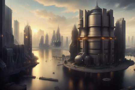Futuristic urban skyline,Fictional City Skyline,.の写真素材