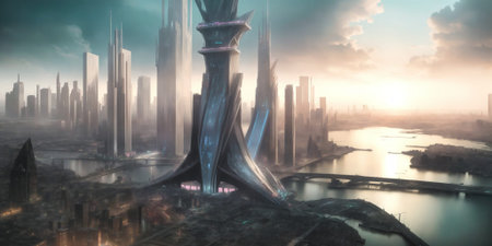 Futuristic urban skyline,Fictional City Skyline,.