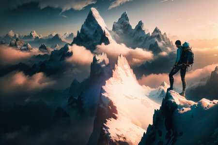Magical Fantasy Adventre Composite of Man Hiking on top of a Mountain Peak. Colorful Sunset Sky Art...