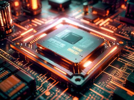 Close-up view of a modern GPU card with circuit and connections 3D rendering. High quality photo
