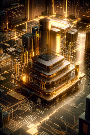 Close-up view of a modern GPU card with circuit and connections 3D rendering. High quality photo