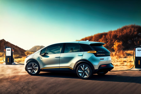 EV charging station for electric car in concept of green energy and eco power producedの素材