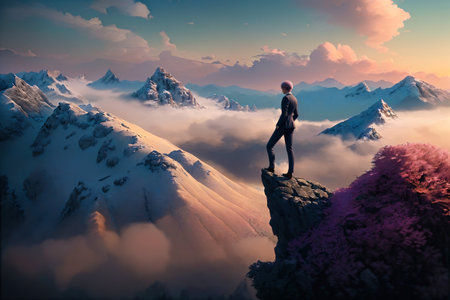 Copy space of man rise hand up on top of mountain and sunset sky abstract background. Freedom and travel adventure concept. Vintage tone filter effect color style. High quality photoの素材