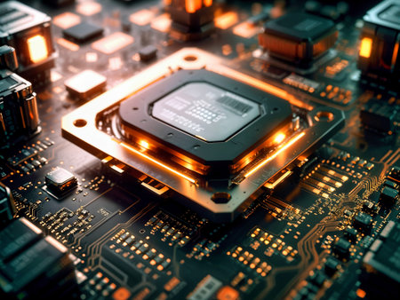 Close-up view of a modern GPU card with circuit and connections 3D rendering. High quality photo