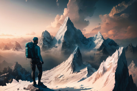 Magical Fantasy Adventre Composite of Man Hiking on top of a Mountain Peak. Colorful Sunset Sky Art Render. . High quality photoの素材