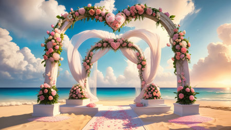 beach wedding venue, wedding setup, cabana, arch, gazebo decorated with flowers, beach wedding setup. High quality photoの素材