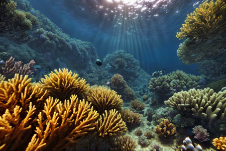 Undewater world landscape, reef, sea bottom with corals and seaweeds colorful bright tropical wildlife, ocea seafloor Illustration, background. High quality illustrationの素材
