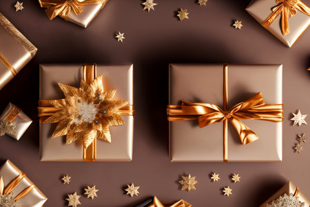 Gift or present box and flower gypsophila on light table top view. Greeting card. Flat lay style with copy space. High quality photoの素材