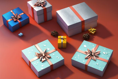 Gift or present box and flower gypsophila on light table top view. Greeting card. Flat lay style with copy space. High quality photoの写真素材