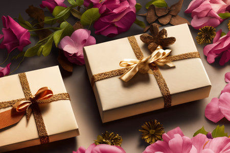Gift or present box and flower gypsophila on light table top view. Greeting card. Flat lay style...