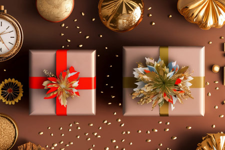 Gift or present box and flower gypsophila on light table top view. Greeting card. Flat lay style...