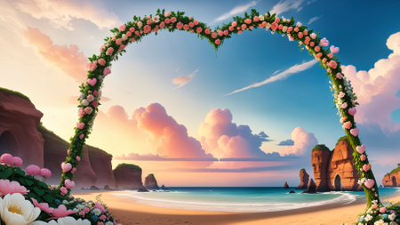 beach wedding venue, wedding setup, cabana, arch, gazebo decorated with flowers, beach wedding setup. High quality photoの写真素材