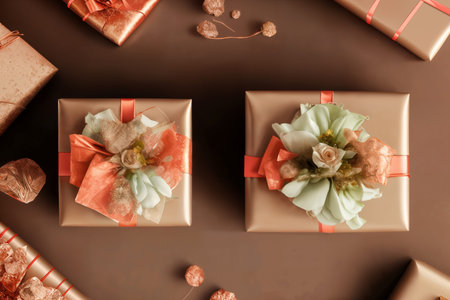 Gift or present box and flower gypsophila on light table top view. Greeting card. Flat lay style...