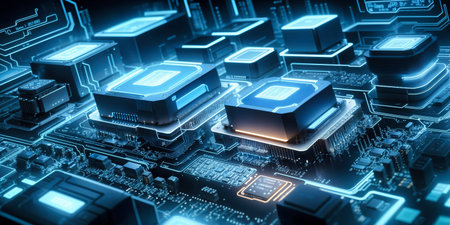 Close-up view of a modern GPU card with circuit and connections 3D rendering. High quality photo