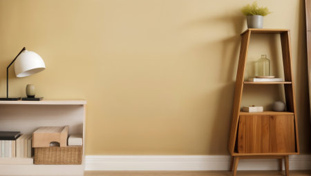 Mock up interior workspace in minimalism decoration with cactus shelf, flower in vase, warm light from table lamp on wooden table, close up, 3d rendering, 3d illustrationの写真素材