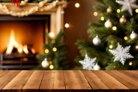blurred background of xmas tree in home and wooden desk space . High quality photoの写真素材