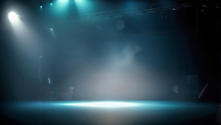 Bright stadium arena lights, Smoke bombs, empty dark scene, neon light, spotlights The concrete floor and studio room with smoke float up the interior textureの写真素材