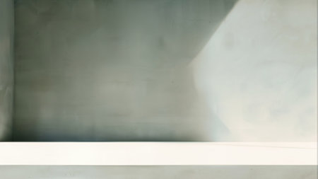 Empty Gray Wall Room interiors Studio Concrete Backdrop and Floor cement Shelf, well editing montage display products and text present on free space Background . High quality photoの写真素材