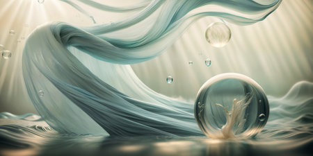 Beautiful silk flowing swirl of pastel gentle calming cloth background. Mock up template for product presentation. 3D rendering. copy text space. High quality photoの写真素材