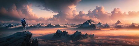 Magical Fantasy Adventre Composite of Man Hiking on top of a Mountain Peak. Colorful Sunset Sky Art...