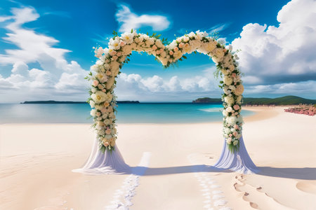 beach wedding venue, wedding setup, cabana, arch, gazebo decorated with flowers, beach wedding setup. High quality photoの写真素材