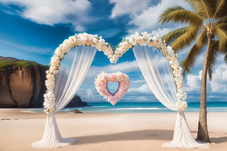 beach wedding venue, wedding setup, cabana, arch, gazebo decorated with flowers, beach wedding setup. High quality photoの写真素材