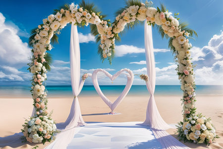 beach wedding venue, wedding setup, cabana, arch, gazebo decorated with flowers, beach wedding setup. High quality photoの写真素材