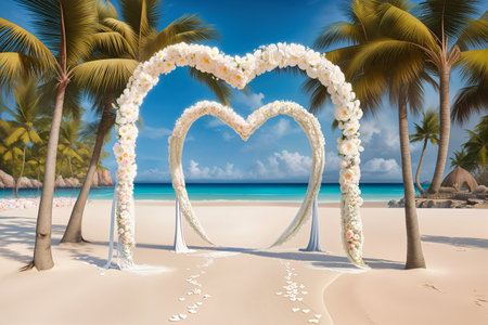 beach wedding venue, wedding setup, cabana, arch, gazebo decorated with flowers, beach wedding setup. High quality photoの写真素材