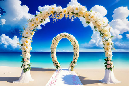 beach wedding venue, wedding setup, cabana, arch, gazebo decorated with flowers, beach wedding setup. High quality photoの写真素材